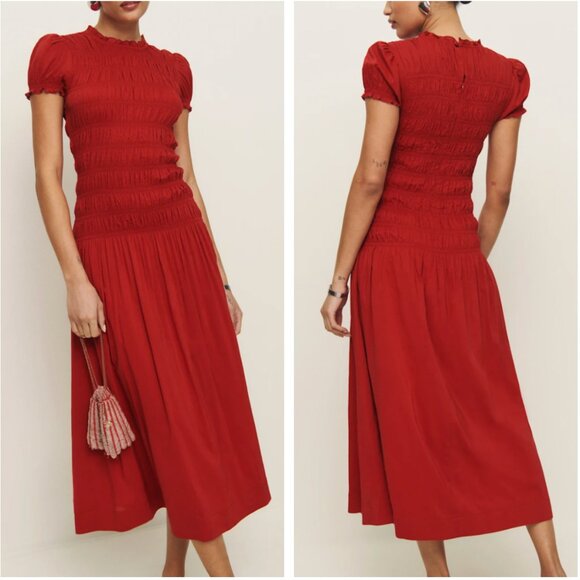 BEST Reformation Kiria Midi Dress Sz6 Lipstick Red Stretch Cotton Party Vacation